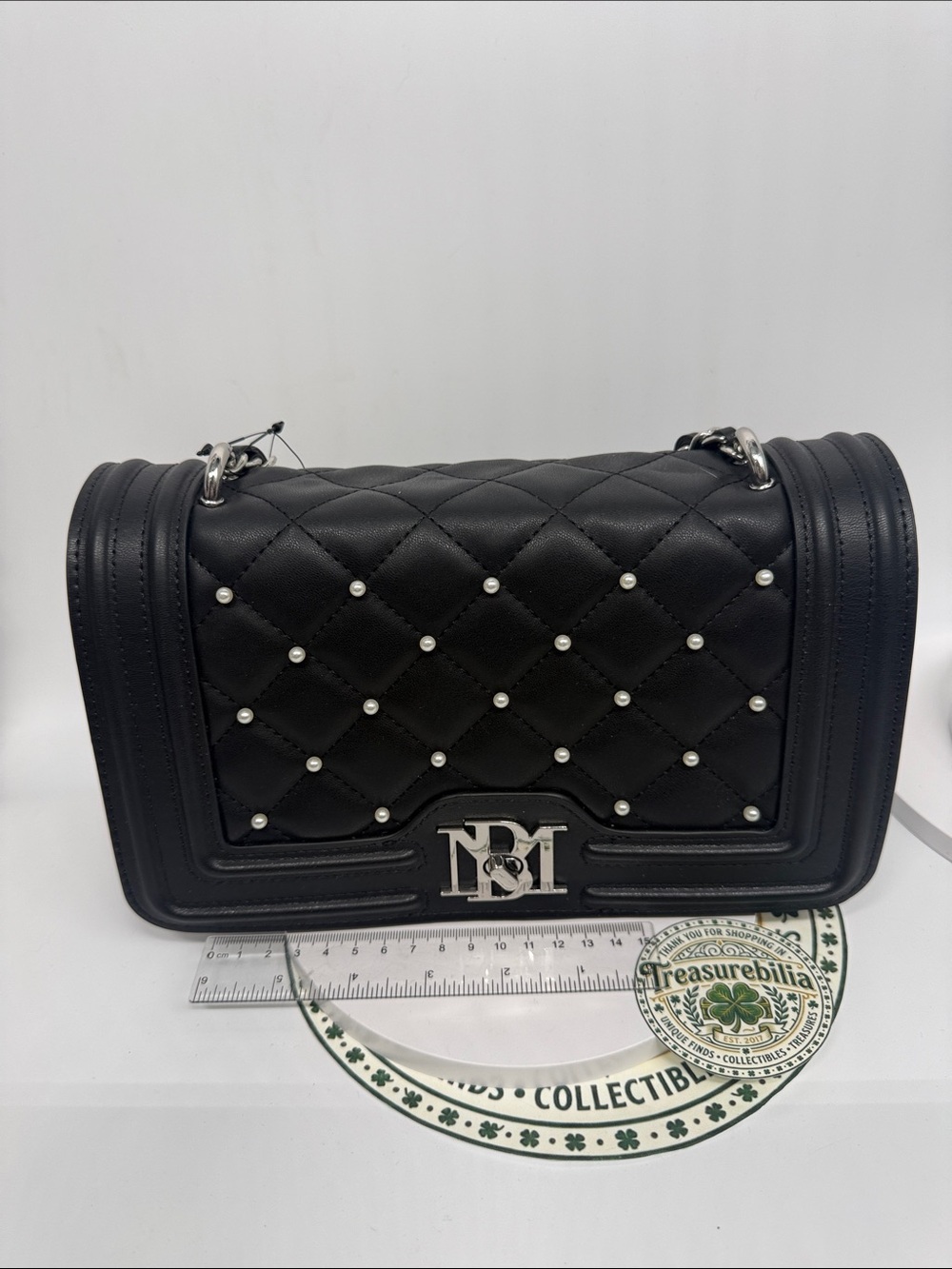 Badgley Mischka Black Quilted Pearl-Stud Crossbody Bag OBO